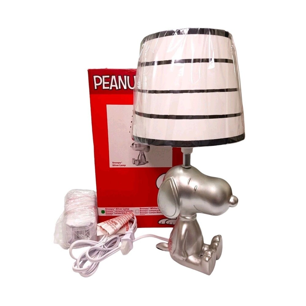 NEW Lambs & Ivy Classic Snoopy Peanuts Silver Nursery Table Lamp w/ Shade & Bulb